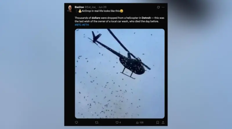 «C’était fou» : des milliers de dollars largués depuis un hélicoptère pour respecter la dernière volonté d’un défunt (vidéo)