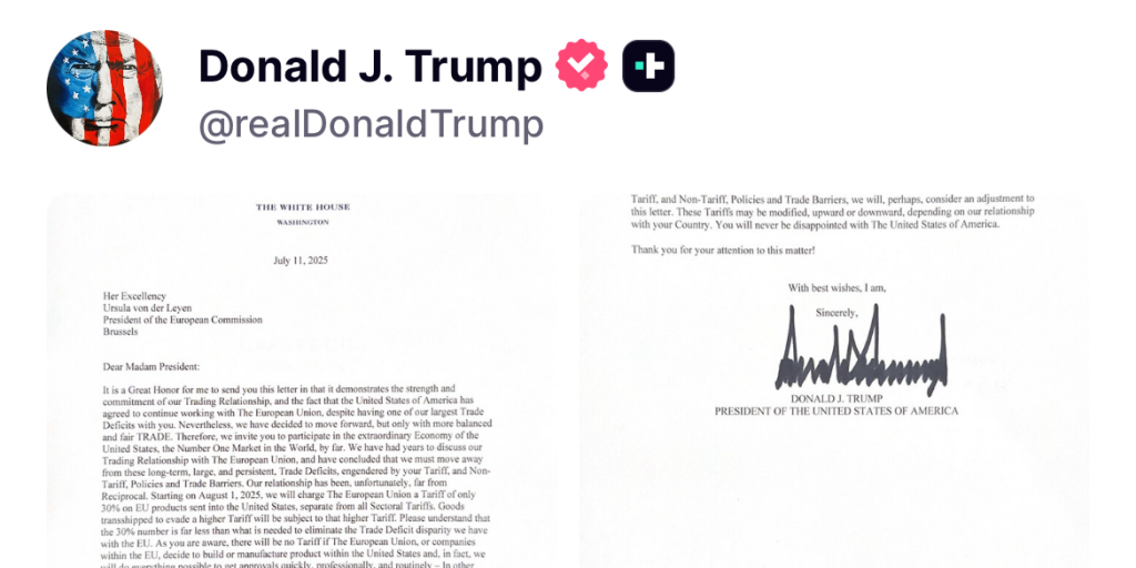 Droits de douane à 30% : que trouve-t-on dans la lettre de Trump à l’Europe ?