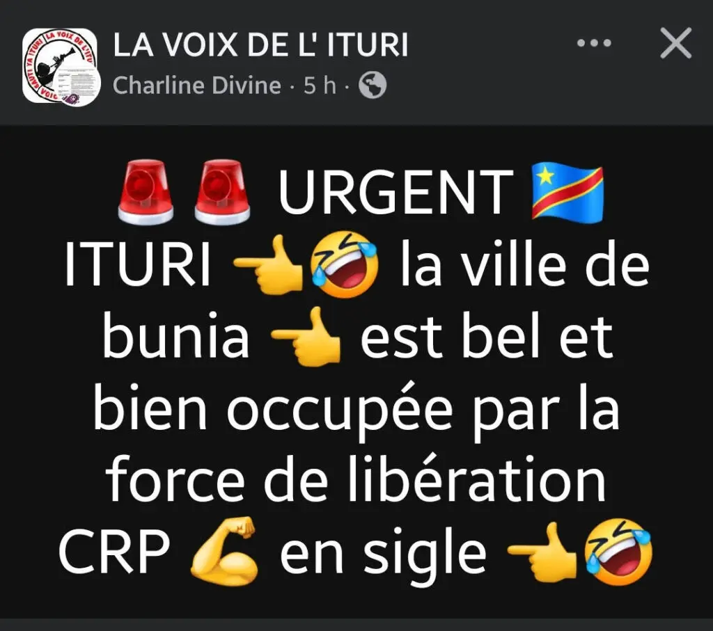 Faux, la ville de Bunia n’est pas occupée par les rebelles CRP