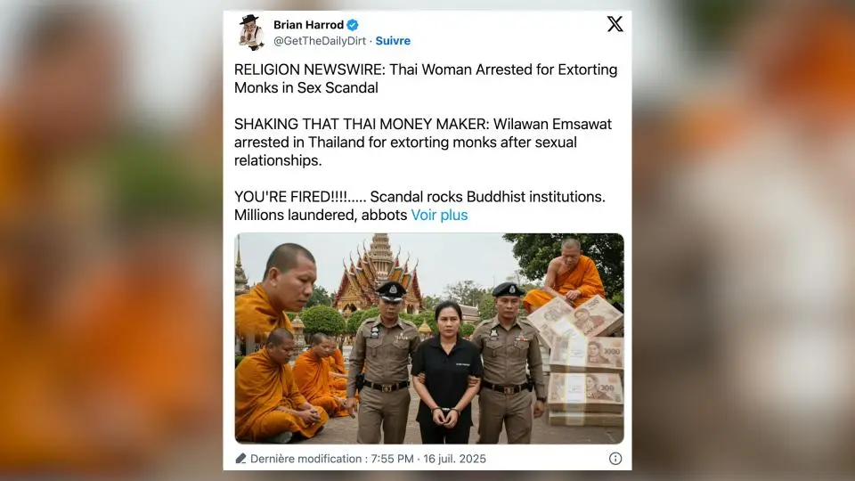 Thaïlande : une femme de 35 ans accusée d’avoir détourné plusieurs millions d’euros en faisant du chantage sexuel à des moines