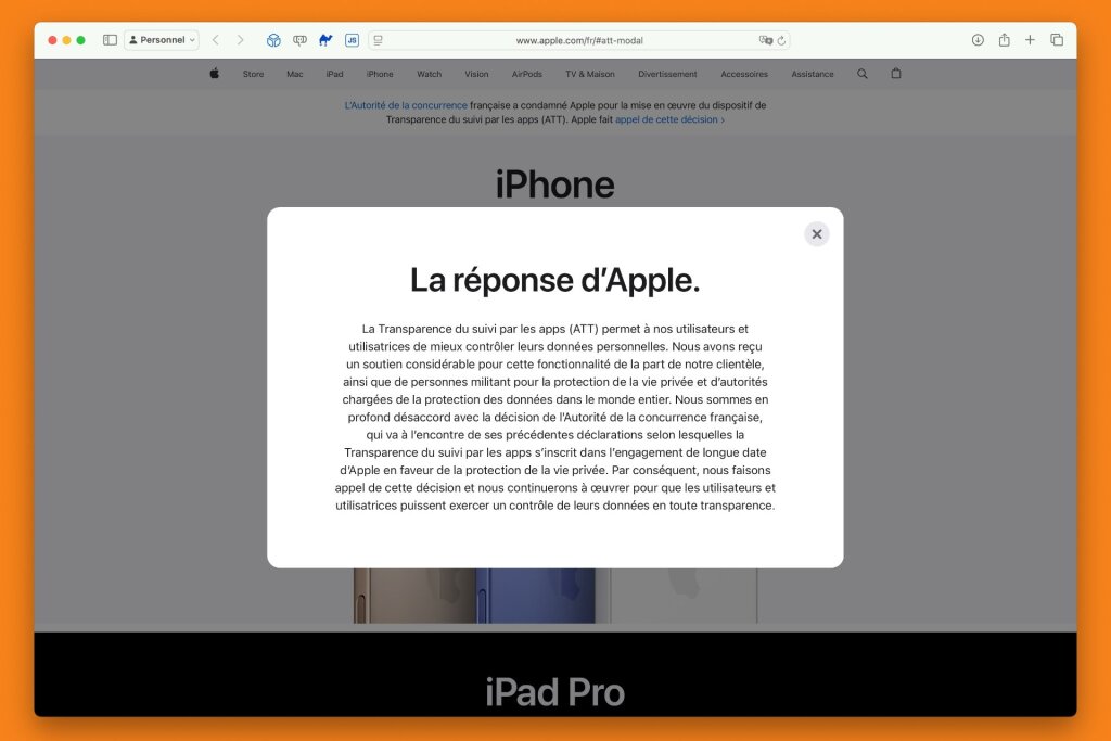 Transparence du suivi publicitaire : Apple affiche sa condamnation en France, mais maintient sa position