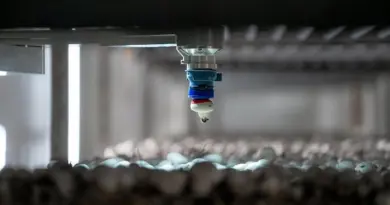 Un robot au-dessus de champignons cultivés dans une serre intérieure, à Salmon Arm, en Colombie-Britannique.