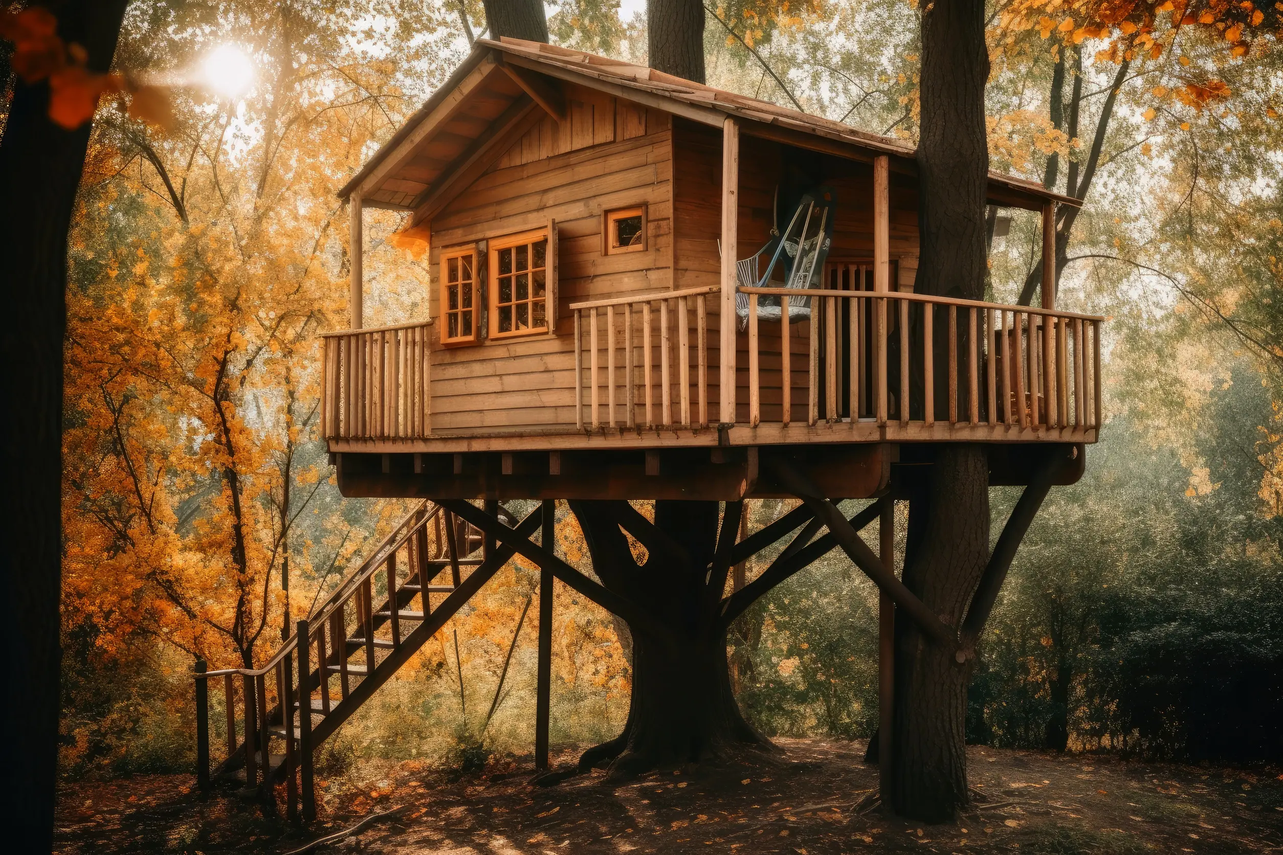 Cabane en bois dans les arbres.