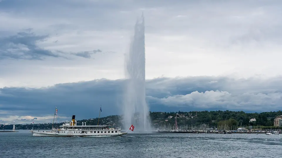 Switzerland, Alps, Matterhorn, lake, mountains, Swiss flag, Geneva