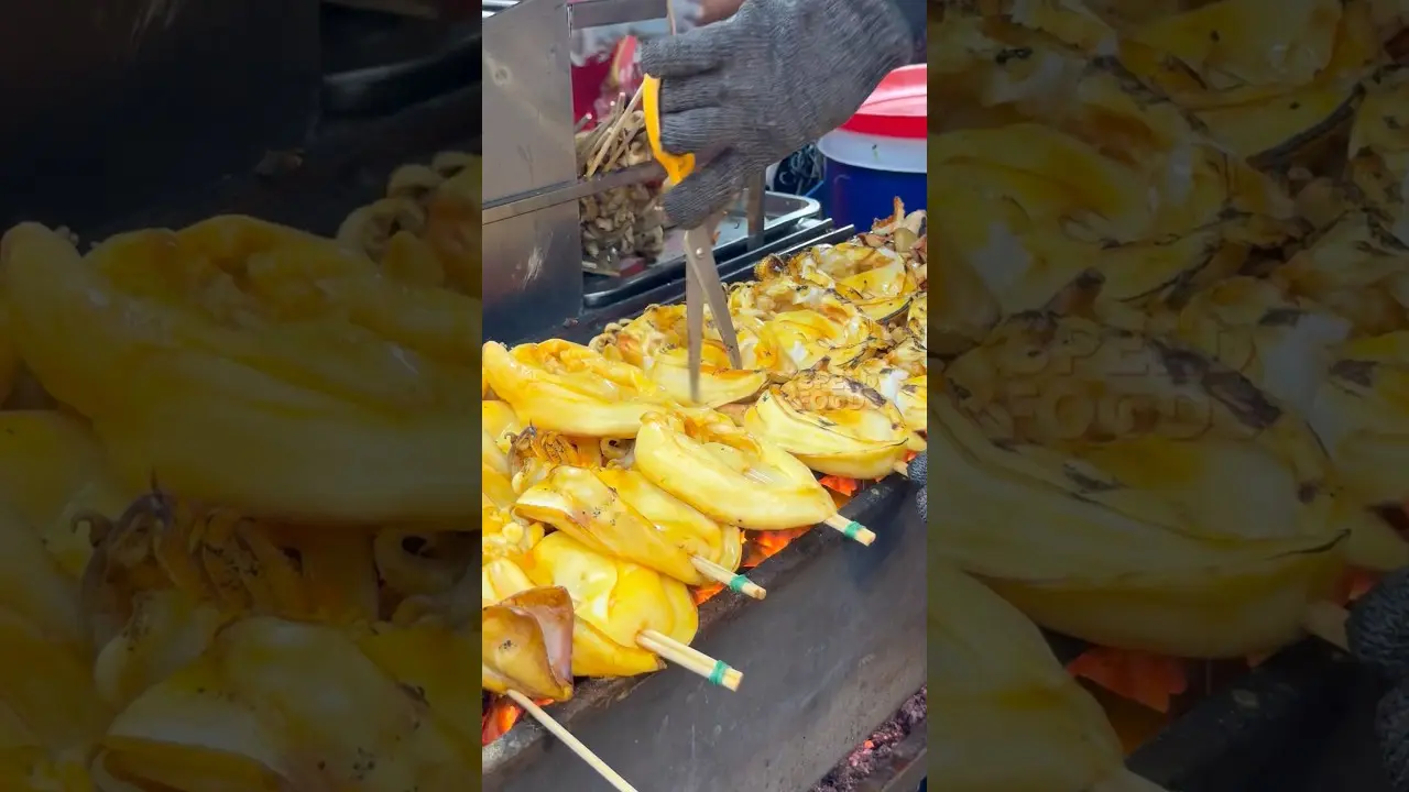 Grilled Squid Loaded with Seafood Sauce - Thai Street Food