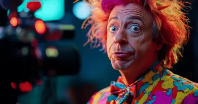 Visage expressif de clown aux cheveux colorés et vêtements extravagants