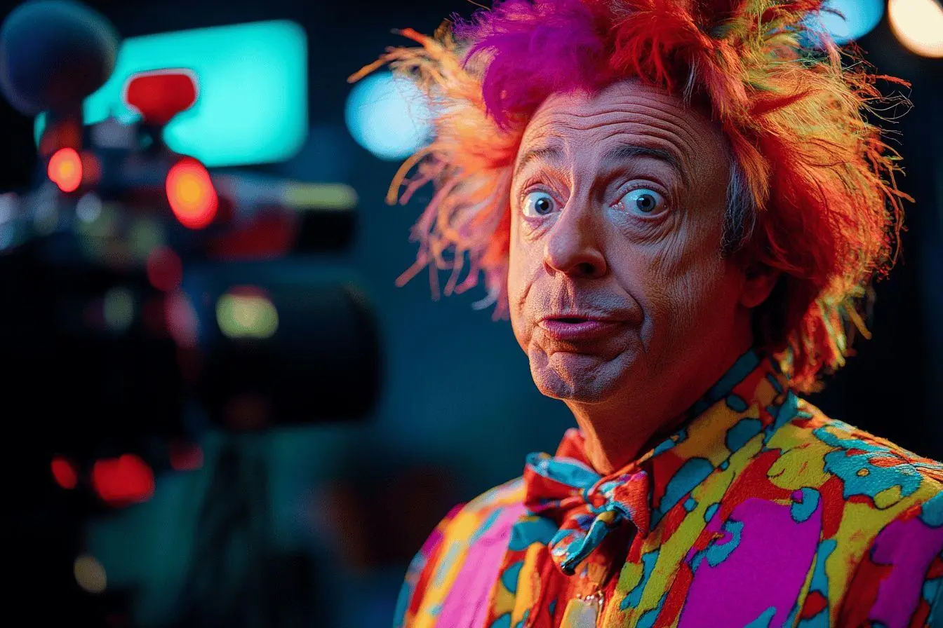 Visage expressif de clown aux cheveux colorés et vêtements extravagants