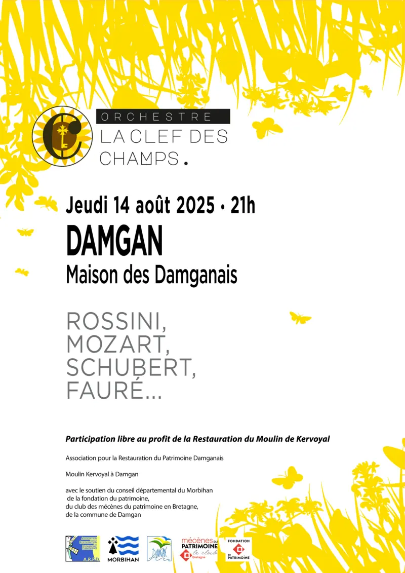 Jeudi 14 août 2025- 21 H - Salle de spectacle de la Maison des Damganais- Concert de musique classique au profit de la restauration du moulin de Kervoyal