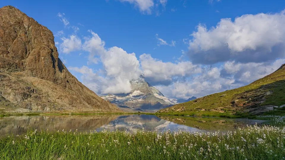 Switzerland, Alps, Matterhorn, lake, mountains, Swiss flag, Geneva