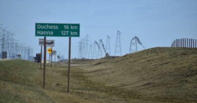 Plusieurs poteaux électriques tordus sont effondrés le long d'une route rurale près des villes de Duchess et Hanna.
