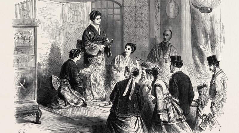 Une illustration du livre montrant des dames japonaises en kimono dans le pavillon de thé japonais de l’exposition universelle de Paris 1867. (© Album/Quintlox/Kyôdô)
