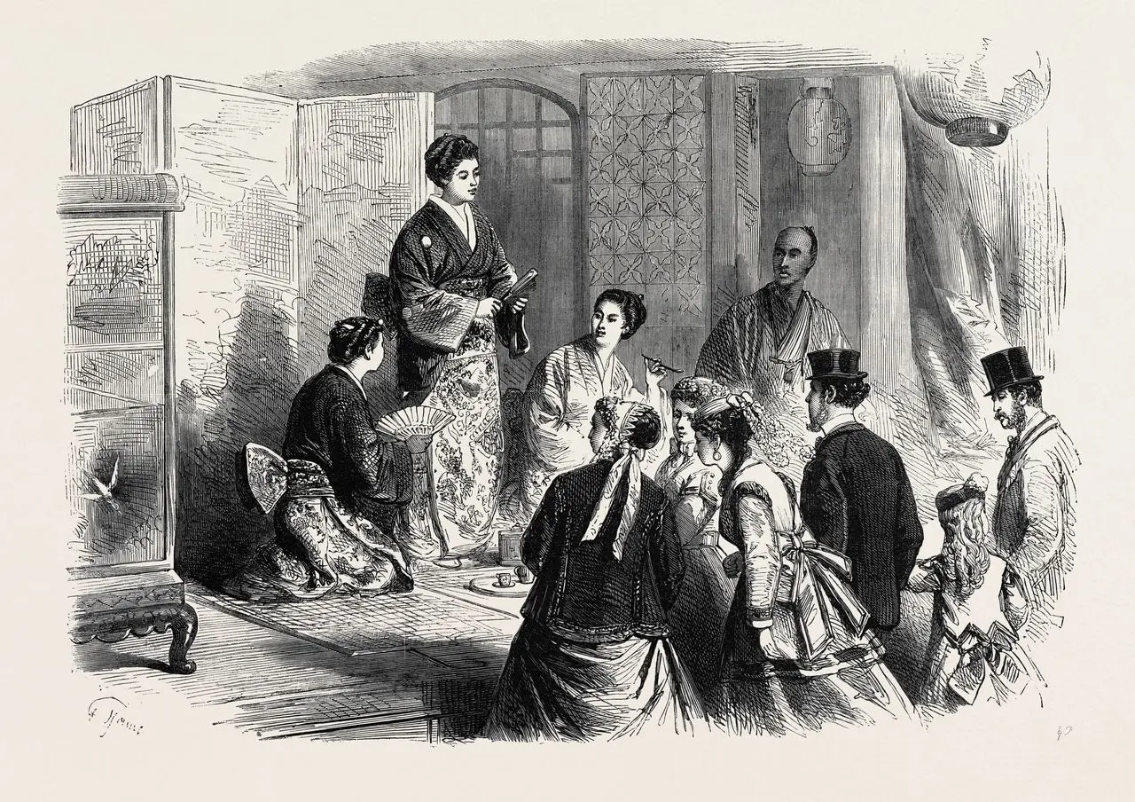 Une illustration du livre montrant des dames japonaises en kimono dans le pavillon de thé japonais de l’exposition universelle de Paris 1867. (© Album/Quintlox/Kyôdô)