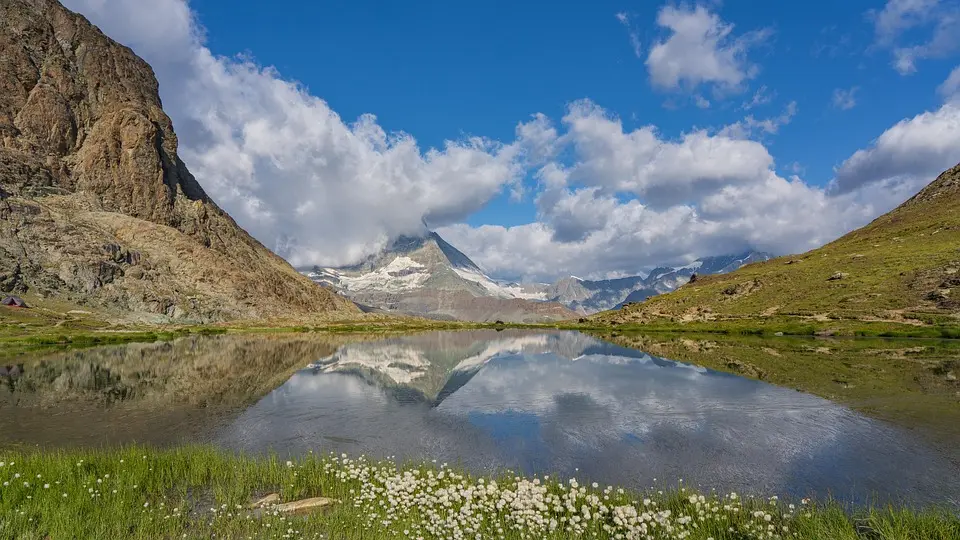Switzerland, Alps, Matterhorn, lake, mountains, Swiss flag, Geneva