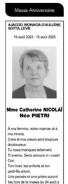 [Notice][Décès][Messe anniversaire] Monacia d'Aullène & Levie & Sotta & Ajaccio > Catherine Nicolai née PIETRI.