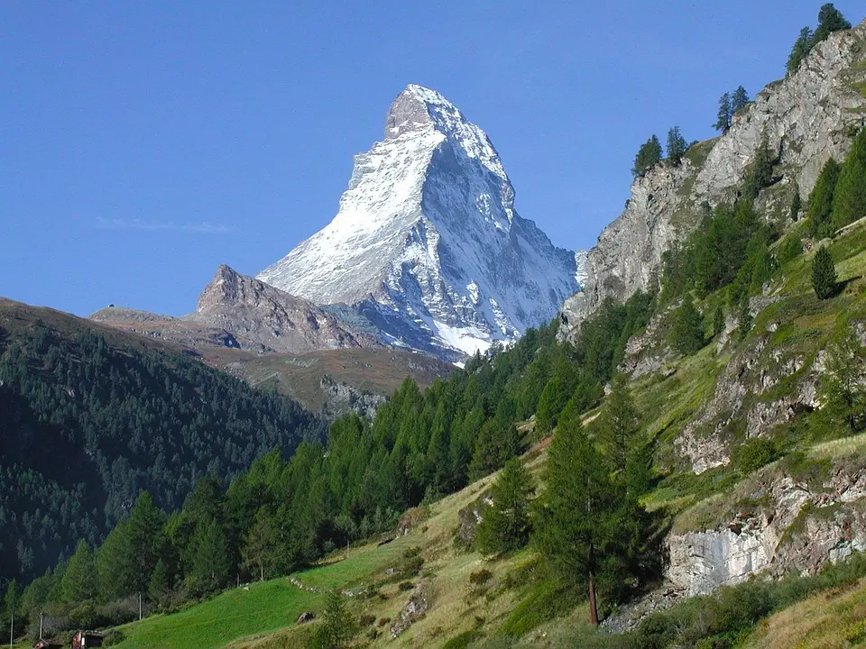 Switzerland, Alps, Matterhorn, lake, mountains, Swiss flag, Geneva