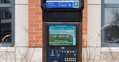 Une borne de paiement de stationnement, l'hiver.