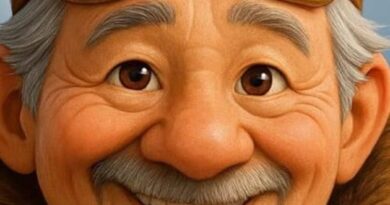 Une animation montrant un homme souriant aux cheveux gris, qui porte des lunettes de neige inuit traditionnelles sur la tête.