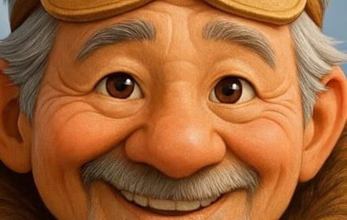 Une animation montrant un homme souriant aux cheveux gris, qui porte des lunettes de neige inuit traditionnelles sur la tête.