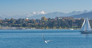 Switzerland, Alps, Matterhorn, lake, mountains, Swiss flag, Geneva