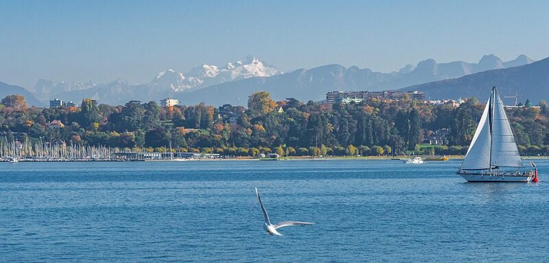 Switzerland, Alps, Matterhorn, lake, mountains, Swiss flag, Geneva
