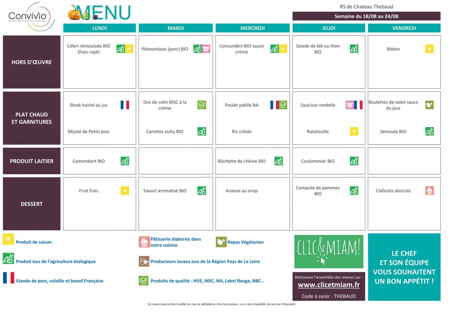 REPAS CANTINE / VACANCES : 18 août au 22 août 2025