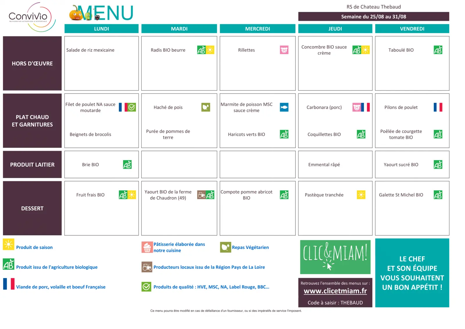 REPAS CANTINE / VACANCES : 25 août au 29 août 2025