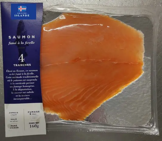 Rappel Consommateur - Détail Saumon fumé ficelle 4 tranches 160g GRAND FRAIS / FRESH / mon-marché.fr