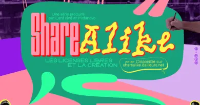 Affiche de la série Share alike. Sur le haut, sur fond violet, des personnes avec des gros yeux verts regarde vers le bas, certains ayant des rayons roses leur sortant des yeux vers le centre de l