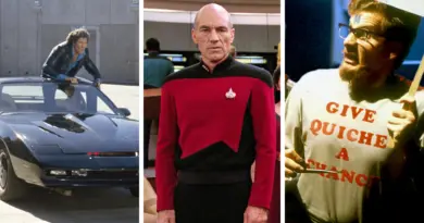 Split image showing a scene from three sci-fi shows: Knight Rider (Left), Star Trek: The Next Generation (Middle), and Red Dwarf (Right).