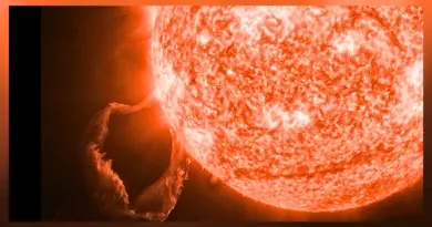 a close up view of the sun erupting with a large prominence looping in the bottom left corner of the image.