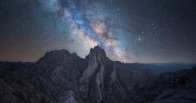 The Milky Way core streaking over a rock formation against a background of stars.