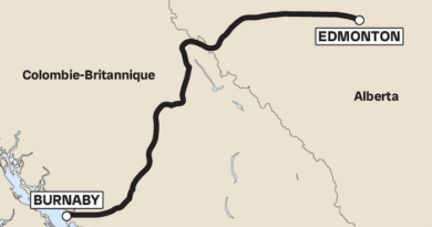 Carte du tracé du projet d'expansion de l'oléoduc Trans Mountain, partant d'Edmonton jusqu'à Burnaby. 