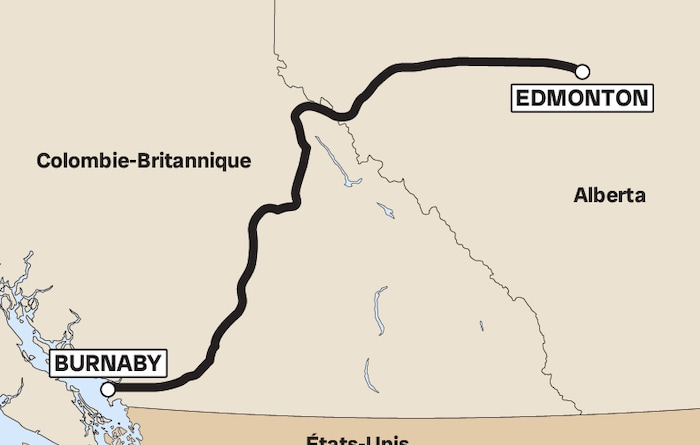 Carte du tracé du projet d'expansion de l'oléoduc Trans Mountain, partant d'Edmonton jusqu'à Burnaby.