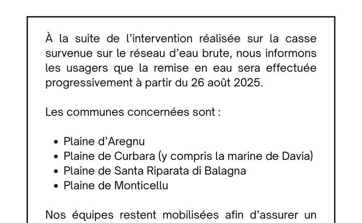 💧Avis de remise en eau brute sur le secteur Balagne suite à une intervention réalisée sur notre réseau.💧