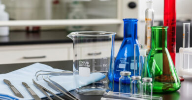 Photo of a set of glassware with medical equipment. AI generated content.