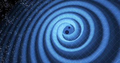 Illustration de la fusion de deux trous noirs et les ondes gravitationnelles qui se propagent vers l’extérieur