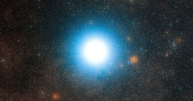 A bright glowing blue star in the middle of a starry solar system is Alpha Centauri