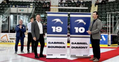Gabriel Bourque et Gabriel Dumont devant les bannières à leurs noms au Centre Premier Tech de Rivière-du-Loup.