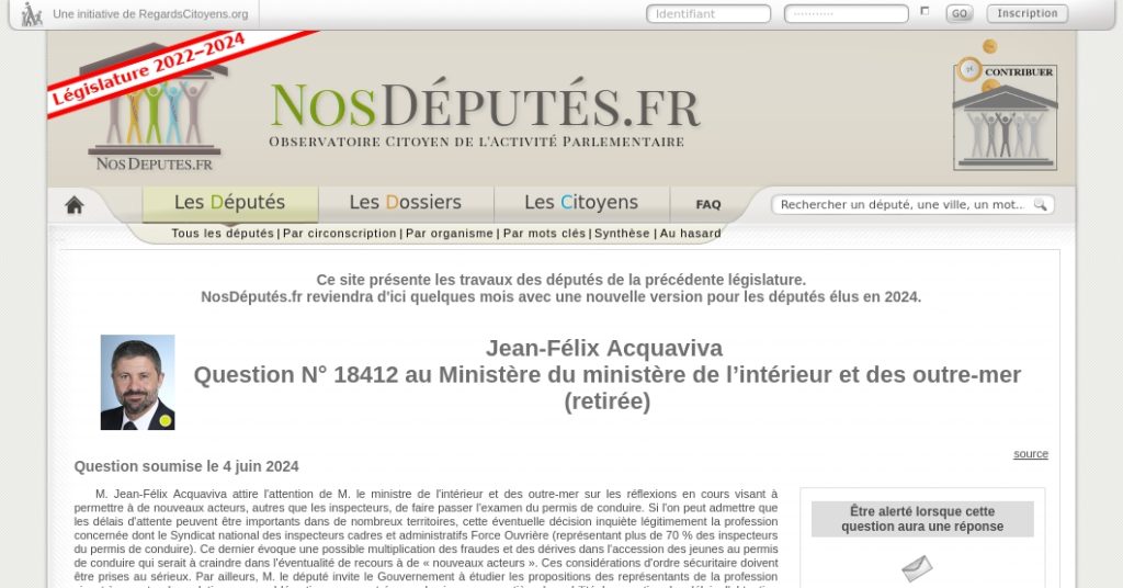 Jean-Félix Acquaviva : Retrait de la question N° 18412 au Ministère de l’Intérieur et des Outre-mer