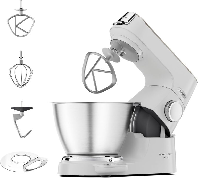 Kenwood Titanium Chef Baker KVC65.001WH : robot pâtissier avec balances intégrées et protection splashes.