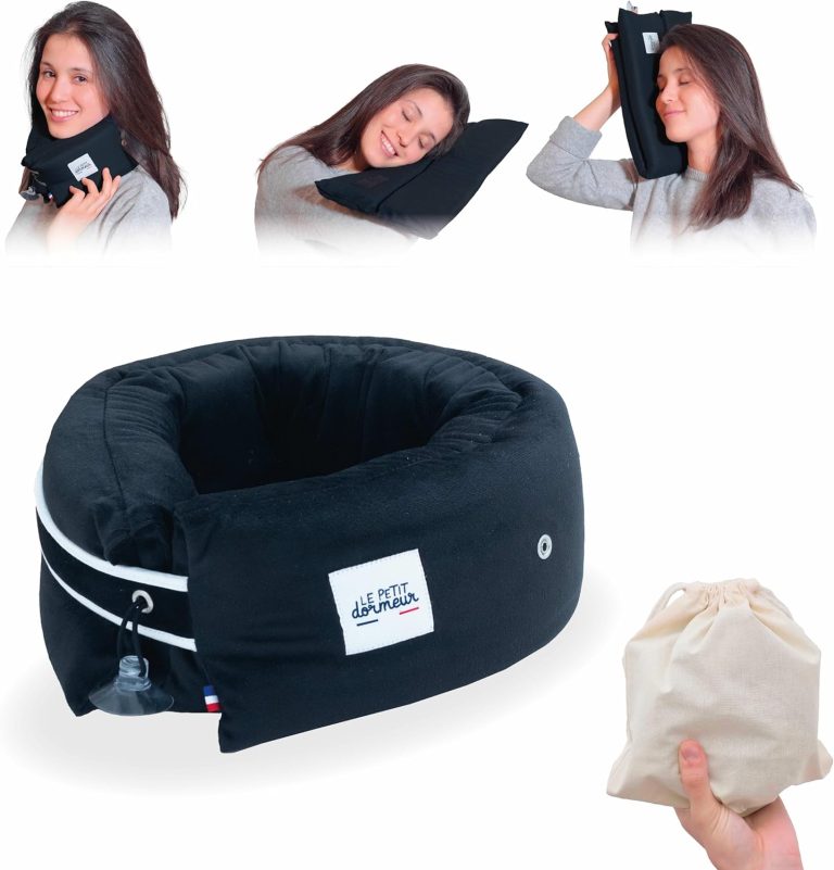 France propose un coussin de voyage ergonomique et lavable en machine en velours noir.