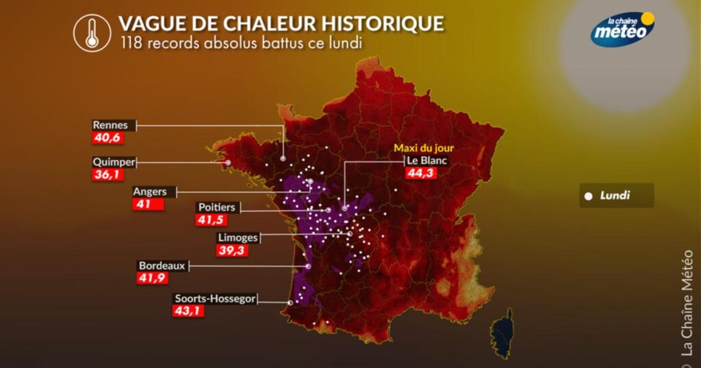 Canicule record dans l’Indre : 44°C mesurés, des centaines de records de chaleur battus.