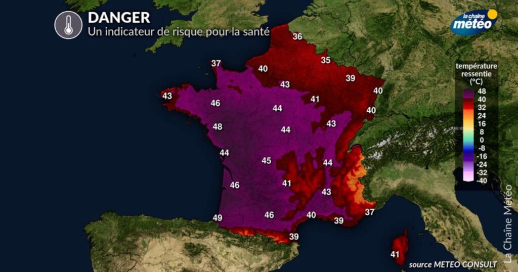 Température ressentie atteignant 48°C, alerte pour la santé publique en France.