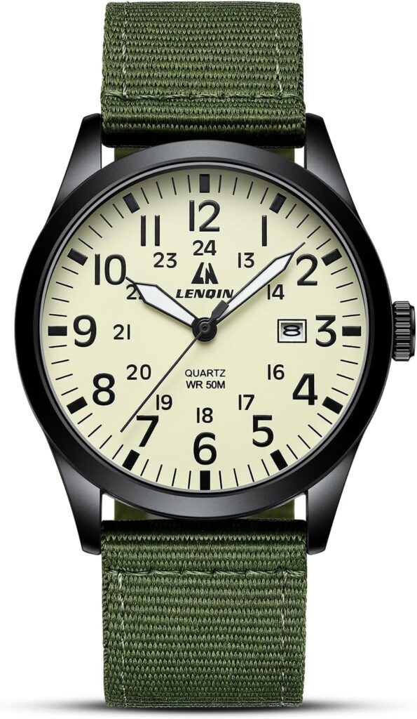LN LENQIN présente une montre militaire analogique étanche pour hommes avec affichage de date.