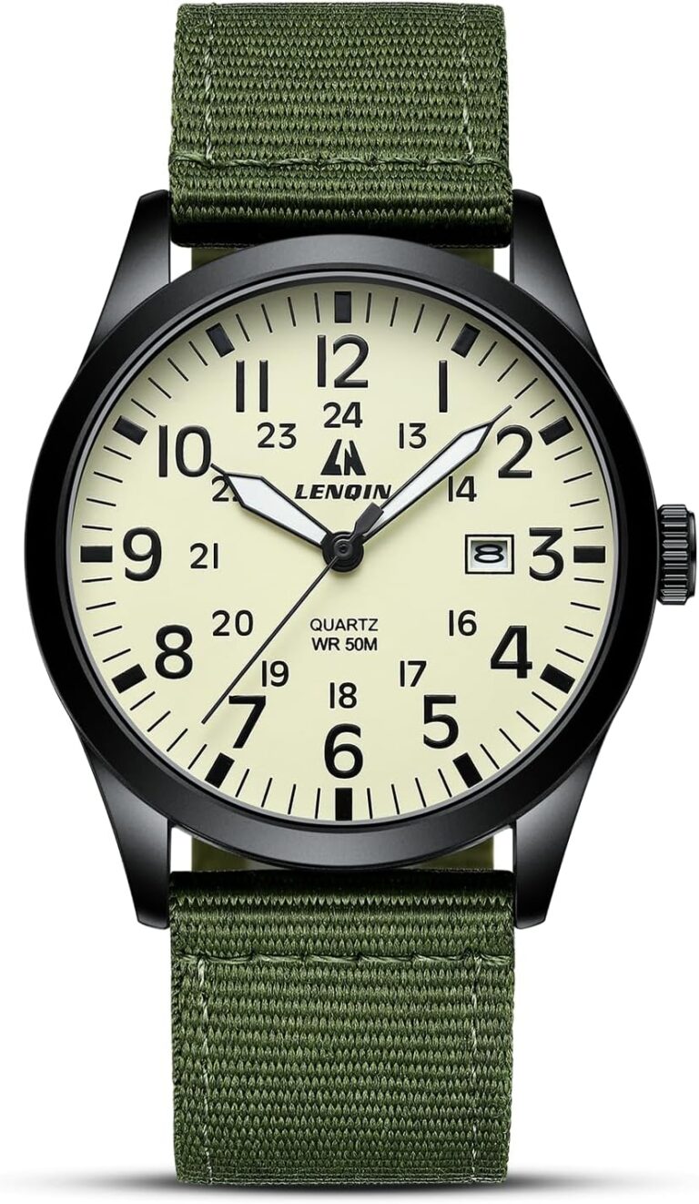 LN LENQIN présente une montre militaire analogique étanche pour hommes avec affichage de date.
