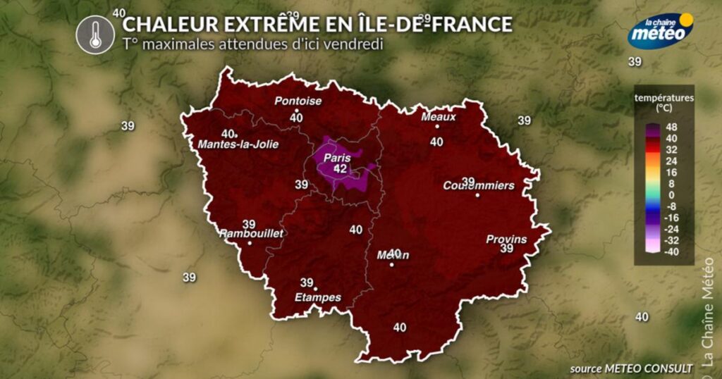Canicule en Île-de-France : températures atteignant 42°C à Paris, nuits exceptionnellement chaudes.