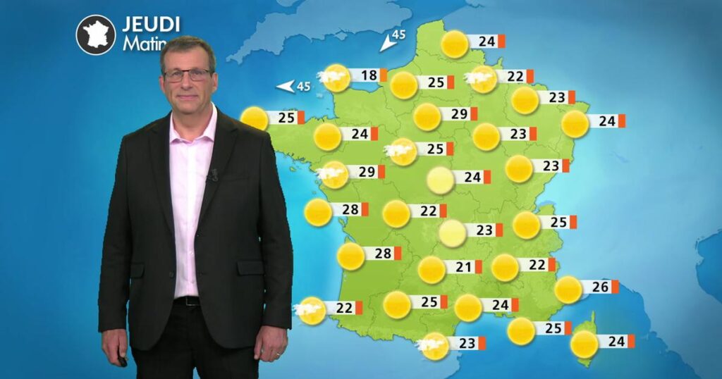 Canicule renforcée au nord-est, orages prévus à l’ouest de la France demain.