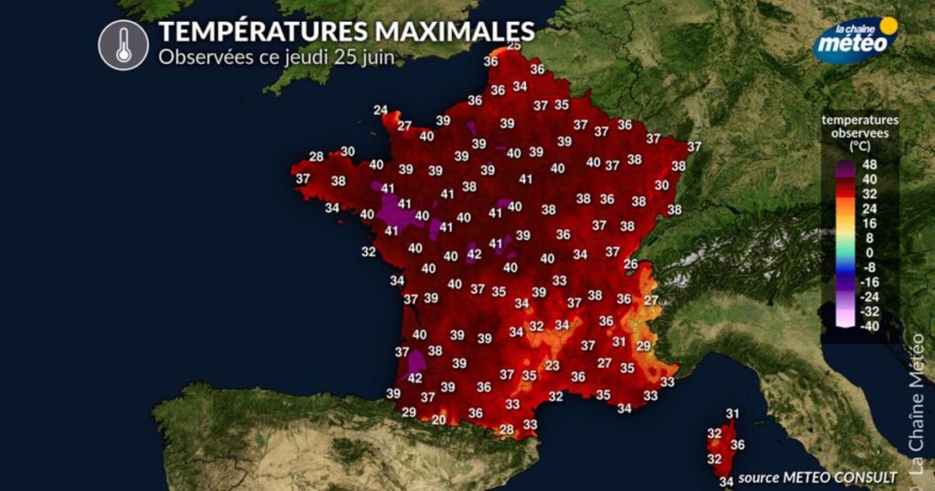 Canicule en France : 155 records mensuels battus, températures atteignant 43,2°C à Beaulieu-sur-Layon.