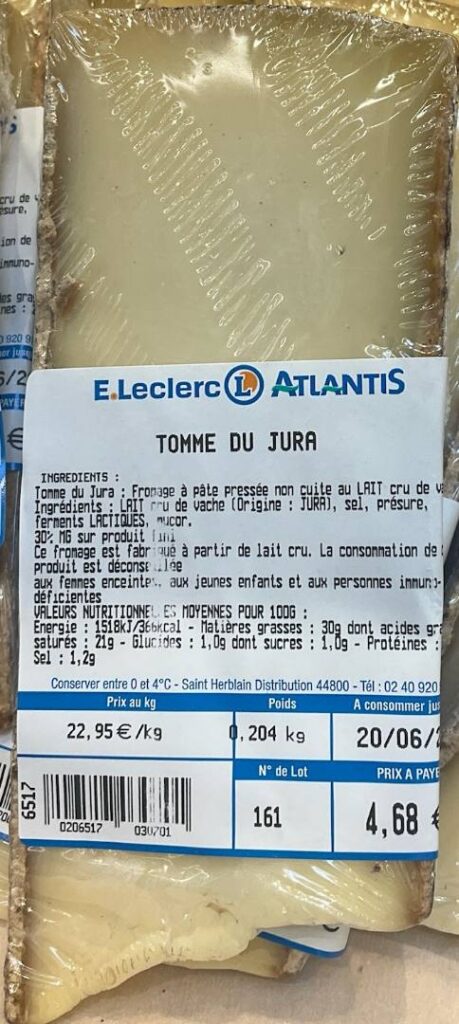 Rappel Consommateur – Détail Tomme du Jura E.Leclerc