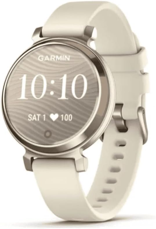 Garmin présente sa montre connectée Lily 2 en crème doré avec bracelet en silicone blanc.